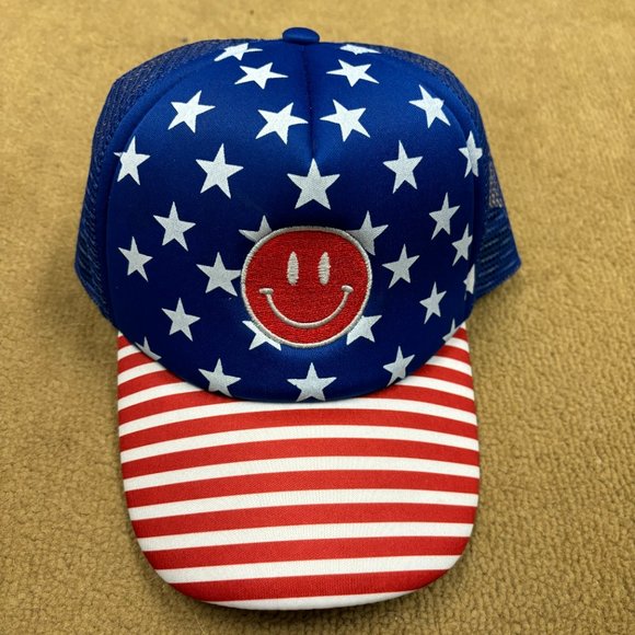 Baseball cap red white blue stars strips smiley face snapback USA 4th‎ of July - Picture 2 of 8